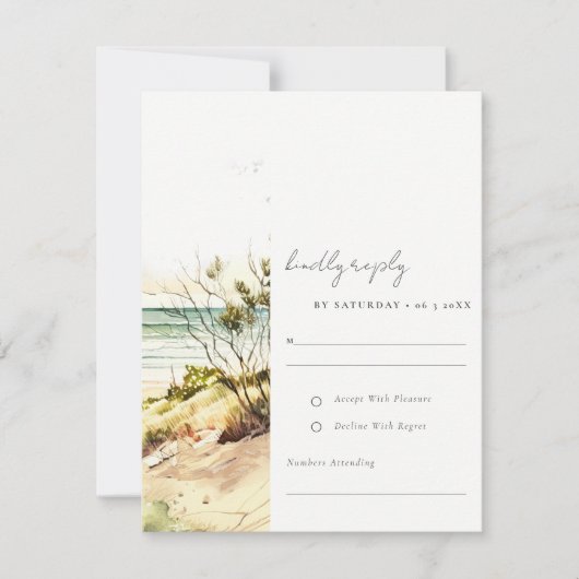 Elegant Dusky Coastal Beach Sun Seascape Wedding RSVP Kaartje (Voorkant)