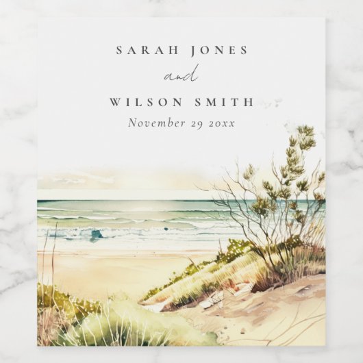 Elegant Dusky Coastal Beach Sun Seascape Wedding Wijn Etiket (Enkel label)