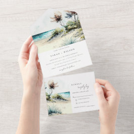 Elegant Dusky Coastal Palm Beach Seascape Wedding All In One Uitnodiging