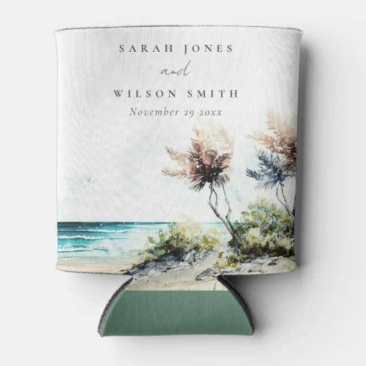 Elegant Dusky Coastal Palm Beach Seascape Wedding Blikjeskoeler (Voorkant)