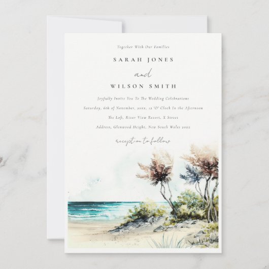 Elegant Dusky Coastal Palm Beach Seascape Wedding Kaart (Voorkant)
