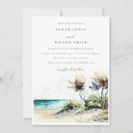 Elegant Dusky Coastal Palm Beach Seascape Wedding Kaart