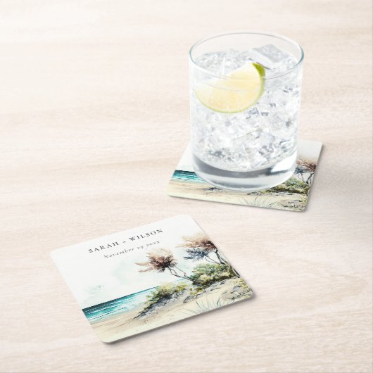 Elegant Dusky Coastal Palm Beach Seascape Wedding Kartonnen Onderzetters (Insitu)