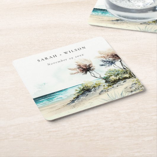 Elegant Dusky Coastal Palm Beach Seascape Wedding Kartonnen Onderzetters (Schuin)