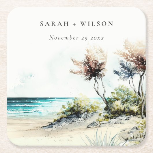 Elegant Dusky Coastal Palm Beach Seascape Wedding Kartonnen Onderzetters (Voorkant)
