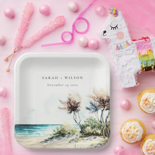 Elegant Dusky Coastal Palm Beach Seascape Wedding Papieren Bordje (Feest)