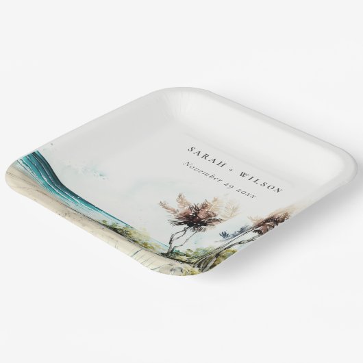 Elegant Dusky Coastal Palm Beach Seascape Wedding Papieren Bordje (Gebogen)