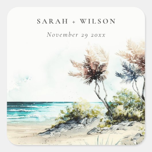 Elegant Dusky Coastal Palm Beach Seascape Wedding Vierkante Sticker (Voorkant)