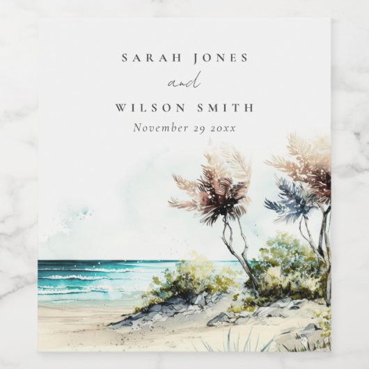 Elegant Dusky Coastal Palm Beach Seascape Wedding Wijn Etiket (Enkel label)
