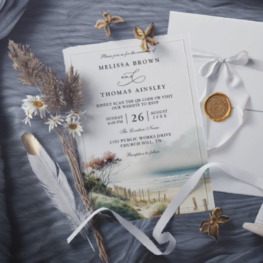Elegant Dusky Coastal Sand Beach QR Code Wedding Kaart