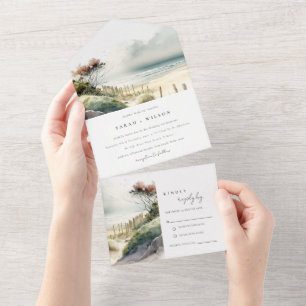Elegant Dusky Coastal Sand Beach Seascape Wedding All In One Uitnodiging