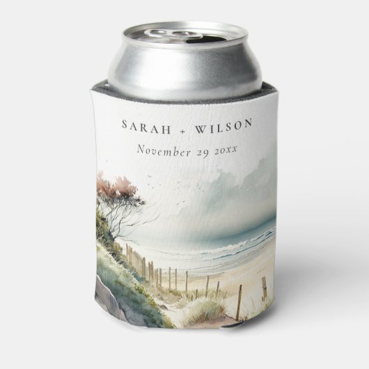 Elegant Dusky Coastal Sand Beach Seascape Wedding Blikjeskoeler (Blikje Achterkant)
