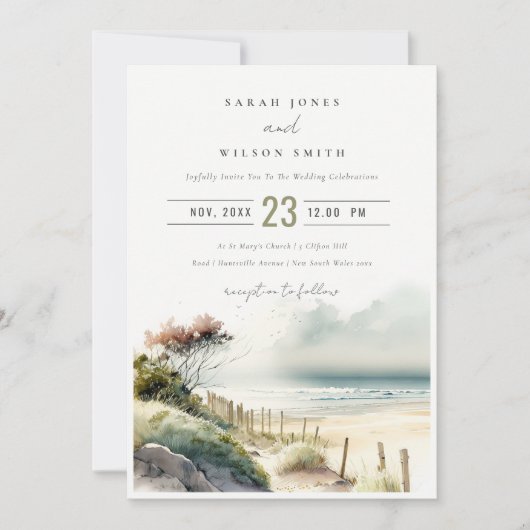 Elegant Dusky Coastal Sand Beach Seascape Wedding Kaart (Voorkant)