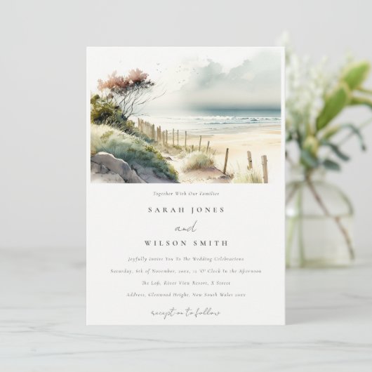 Elegant Dusky Coastal Sand Beach Seascape Wedding Kaart (Staand voorkant)