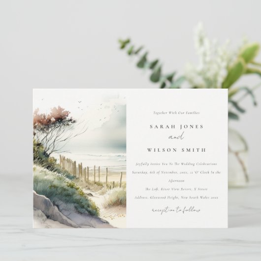 Elegant Dusky Coastal Sand Beach Seascape Wedding Kaart (Staand voorkant)