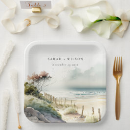 Elegant Dusky Coastal Sand Beach Seascape Wedding Papieren Bordje