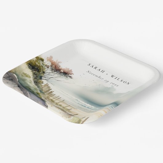 Elegant Dusky Coastal Sand Beach Seascape Wedding Papieren Bordje (Gebogen)