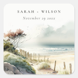 Elegant Dusky Coastal Sand Beach Seascape Wedding Vierkante Sticker