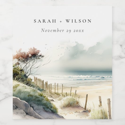 Elegant Dusky Coastal Sand Beach Seascape Wedding Wijn Etiket (Enkel label)