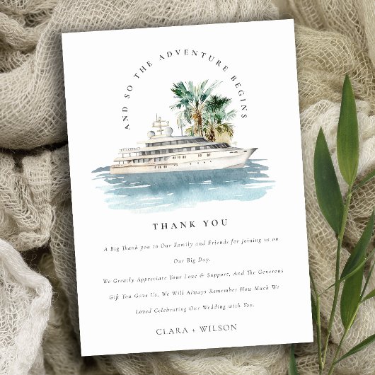 Elegant Dusky Cruise Palm Seascape Wedding Bedankkaart