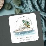 Elegant Dusky Cruise Palm Seascape Wedding Vierkante Sticker<br><div class="desc">Dusky Cruise Ship Palm Seascape Theme Collectie... Het is een elegante waterverf Illustratie van waterverf cruiseschip met palm en groen, perfect voor je kust-beachy cruise bruiloft & feestjes. Het is zeer gemakkelijk om, met uw persoonlijke details aan te passen. Als u een ander bijpassend product of aanpassing nodig hebt, bericht...</div>