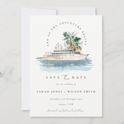 Elegant Dusky Cruise Ship Palm Waterverf Seascape Save The Date (Voorkant)