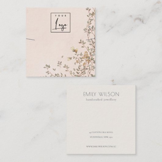 Elegant Dusky Floral Blush Logo Ketting display Vierkante Visitekaartje (Voorkant / Achterkant)