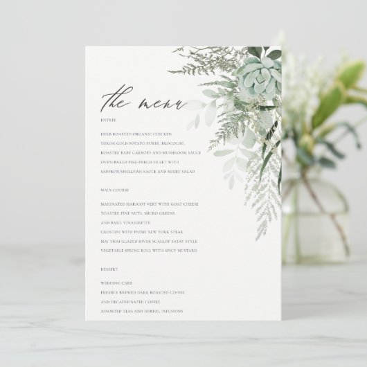Elegant Dusky Leafy Fern Succulent Wedding Menu (Staand voorkant)