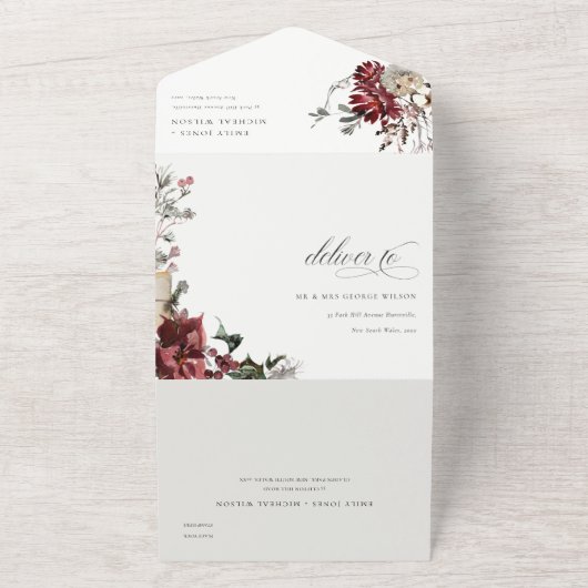 Elegant Dusky Warm Winter Festive Foliage Wedding All In One Uitnodiging (Buitenkant)