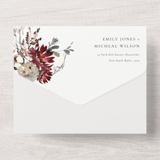 Elegant Dusky Warm Winter Festive Foliage Wedding All In One Uitnodiging (Achterkant)