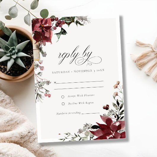 Elegant Dusky Warm Winter Festive Foliage Wedding RSVP Kaartje