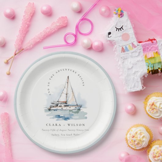 Elegant Dusky zeilboot Yacht zeillandschap bruilof Papieren Bordje (Feest)