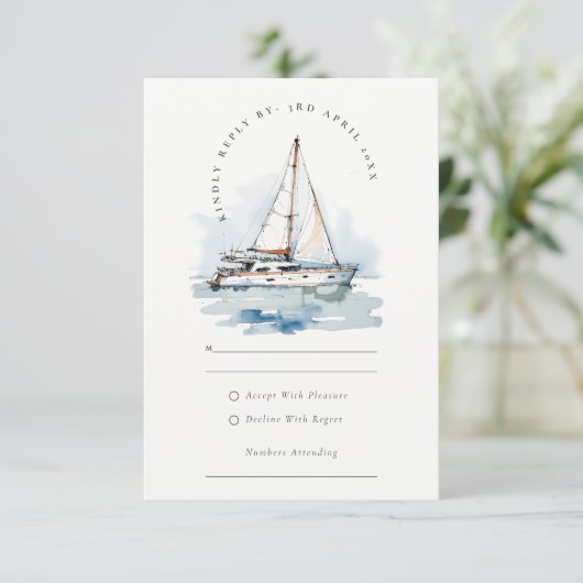 Elegant Dusky zeilboot Yacht zeillandschap bruilof RSVP Kaartje (Staand voorkant)