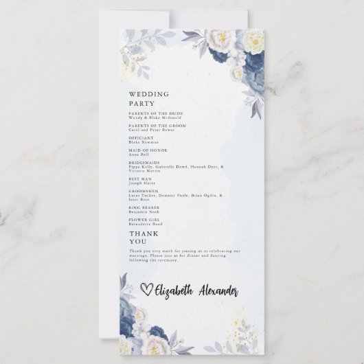 Elegant Dusty Blauw en Goud Bloemen Trouwprogramma (Achterkant)