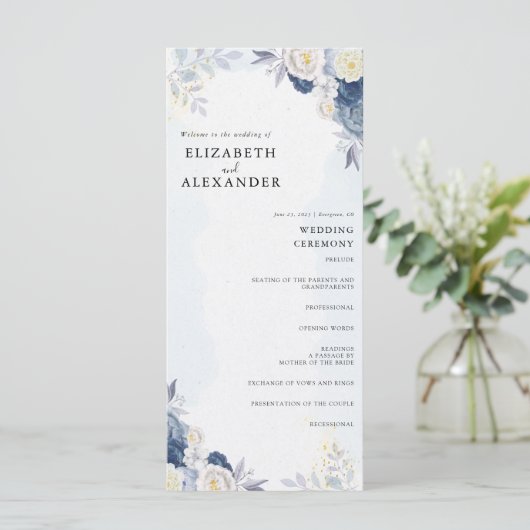 Elegant Dusty Blauw en Goud Bloemen Trouwprogramma (Staand voorkant)