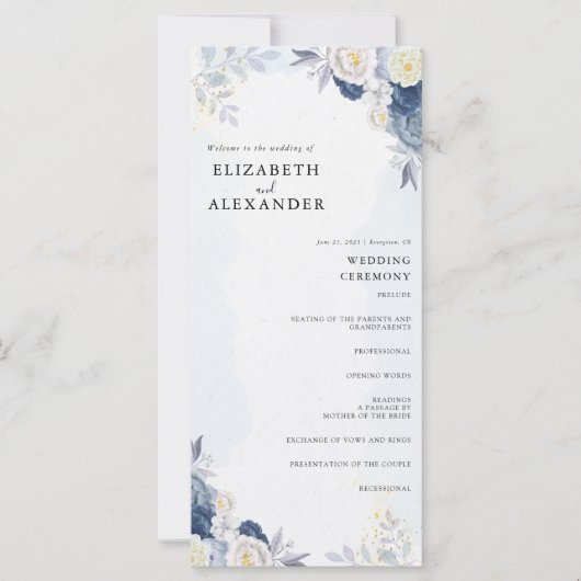 Elegant Dusty Blauw en Goud Bloemen Trouwprogramma (Voorkant)