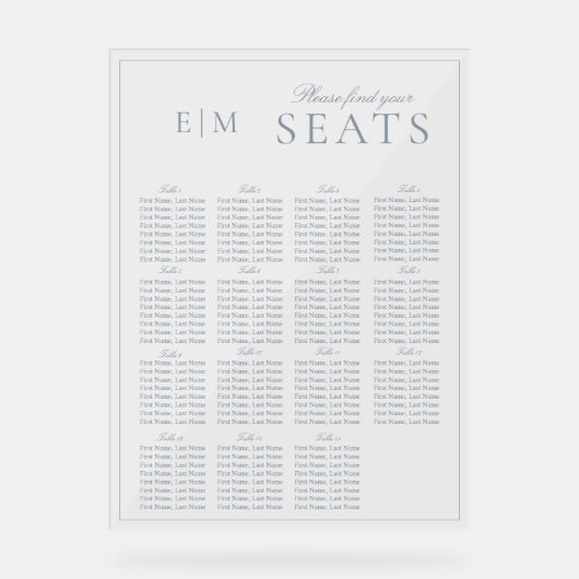 Elegant Dusty Blauw Script Monogram Bruiloft Seat Acryl Bord (Voorkant)