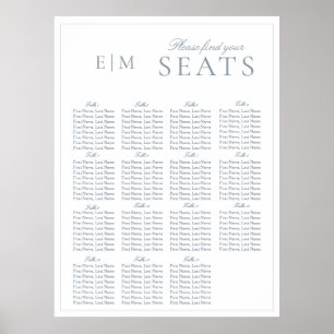 Elegant Dusty Blauw Script Monogram Bruiloft Seat Poster