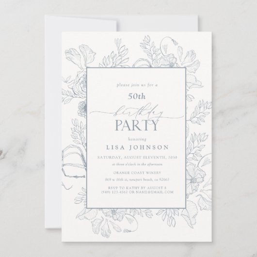 Elegant Dusty Blue 50th Birthday Floral Line Art Kaart (Voorkant)