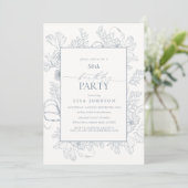Elegant Dusty Blue 50th Birthday Floral Line Art Kaart (Staand voorkant)