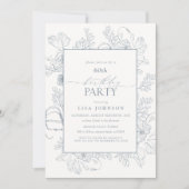 Elegant Dusty Blue 60th Birthday Floral Line Art Kaart (Voorkant)