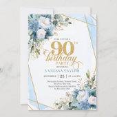 Elegant Dusty Blue 90th Birthday Floral Script Kaart (Voorkant)