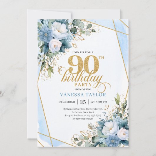 Elegant Dusty Blue 90th Birthday Floral Script Kaart (Voorkant)