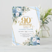 Elegant Dusty Blue 90th Birthday Floral Script Kaart (Staand voorkant)