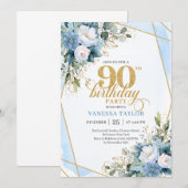 Elegant Dusty Blue 90th Birthday Floral Script Kaart (Voorkant / Achterkant)