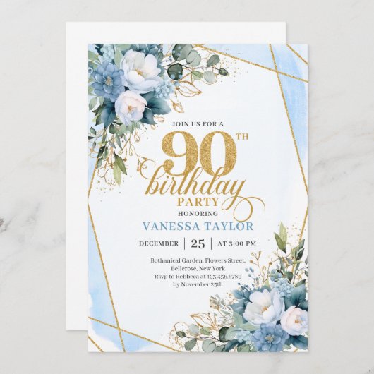 Elegant Dusty Blue 90th Birthday Floral Script Kaart (Voorkant / Achterkant)