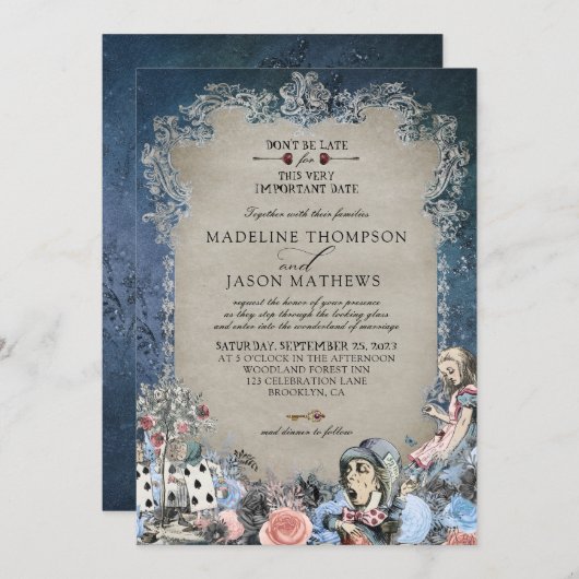 Elegant Dusty Blue Alice in Wonderland Bruiloft Kaart (Voorkant / Achterkant)