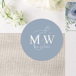 Elegant Dusty Blue Ampersand Monogram Bruiloft Ronde Sticker