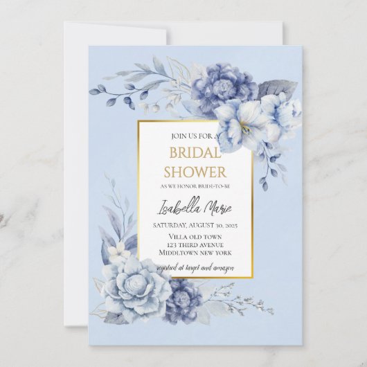 Elegant Dusty Blue and Gold Floral Bridal Shower Kaart (Voorkant)