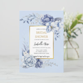 Elegant Dusty Blue and Gold Floral Bridal Shower Kaart
